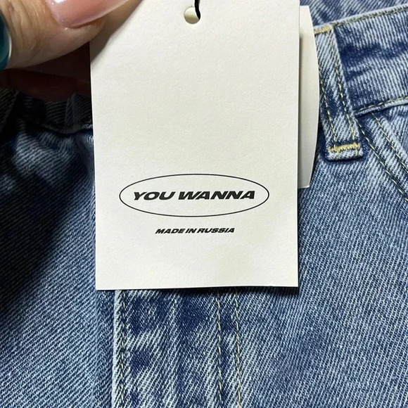 You Wanna Wide Leg Distressed Raw Hem Jeans NWT Baggy Y2K Patches Grunge - Picture 6 of 14